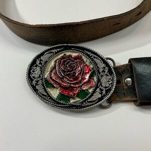 Western Belt Buckle – Red Rose & Scrollwork –Silver Tone – Vintage Style